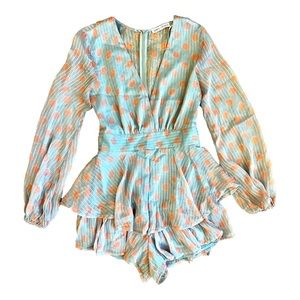 Saints + Secrets Light Blue with Pink Polka Dot Long Sleeve Romper/Size S